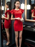 2015春季韩版新款夜店性感大码女装包臀OL短袖拼接雪纺修身连衣裙