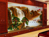中式大堂大厅客厅金箔工艺玄关深雕艺术玻璃电视背景墙山水画国画
