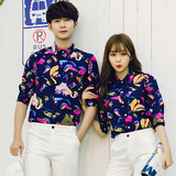 情侣装夏装2016新款中袖衬衫 男女韩版五分袖子衬衣 个性花色上衣