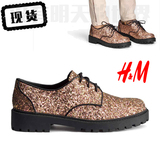 HM H＆M新款英伦平跟女鞋土豪金平底皮鞋低帮圆头单鞋0236968003