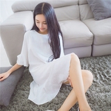 景亦 2016夏季新款韩版 荷叶边宽松显瘦棉麻白色短袖连衣裙女短裙