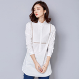 长袖衬衫女 2016秋装新款韩版大码中长款T恤 宽松显瘦白色上衣潮