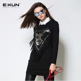 EXUN女装冬季图案印花流苏圆领加绒中长款卫衣长袖套头女