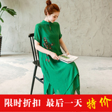 中国风中式复古茶服连衣裙2016夏装民族风手绘印花棉麻连衣裙长袍