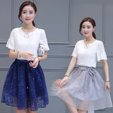 2016新款夏装短袖印花时尚套装两件套淑女韩版小香风气质连衣裙潮