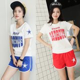 代购韩国 夏季休闲套装韩版显瘦字母纯棉 短袖短裤两件套女运动服