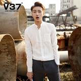 V372016夏季新款亚麻衬衫男长袖韩版修身薄款纯色衬衣男士上衣潮