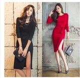 2016春装 新款韩版女装修身时尚中长款开叉长袖包臀打底连衣裙潮