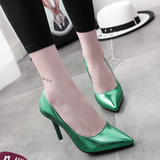 韩版性感小细跟尖头浅口中低跟高跟套脚女单鞋pu绿白色甜美婚鞋
