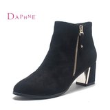 Daphne/达芙妮2015冬季新款 欧美侧拉链圆头粗跟金属装饰女短靴
