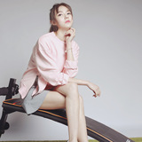 2016秋冬新款宽松圆领套头卫衣女韩版学生粉色开叉拉链长袖加绒