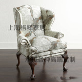 田园布艺单人沙发 布艺老虎椅客厅沙发 美式雕花沙发椅 花布沙发