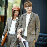 2015冬季新款韩版情侣复古西装格子修身显瘦便西套装英伦男女西服