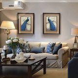装饰画欧式客厅沙发背景墙美式玄关挂画壁画有框实木三联画蓝孔雀