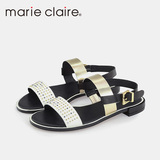 Marie Claire/MC 金色露趾一字式扣带休闲鞋时尚羊皮平底凉鞋女夏