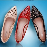 15夏季欧美大牌CL欧洲站潮流新款尖头铆钉镂空平底单鞋橡胶底女鞋