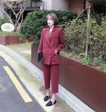韩版春装西服两件套纯色修身显瘦时尚职业休闲西装套装女韩国酒红