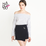 Haoduoyi2016秋季女装新款 时尚一字领条纹修身显瘦长袖衬衫女