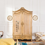 法式新古典欧式实木双门衣柜美式乡村原木橡木色金箔雕花家具定制