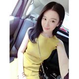 韩国2016夏装新款女装小香风短裙黄色针织包臀裙无袖背心连衣裙女