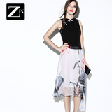 ZK改良式旗袍上衣复古水墨印花半身裙时尚套装两件套2016夏装女装
