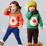 韩版2016秋冬新款圣诞驯鹿男童女童加厚抓绒加绒儿童卫衣外套装