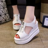 2016夏季韩版新款性感鱼嘴鞋松糕坡跟凉鞋拉链高跟厚底内增高女鞋