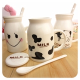 韩国笑脸奶牛马克杯带盖带勺咖啡杯创意水杯子陶瓷可爱牛奶杯包邮