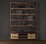 美式复古置物架实木创意带抽屉多层架铁艺电视柜大型书架书柜带梯