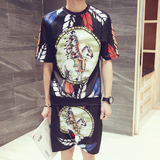 夏季男装花色印花短袖t恤韩版休闲运动冰丝套装青年修身两件套潮