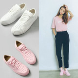 韩版新款粉色系带小白鞋透气平底板鞋学生休闲运动鞋跑步鞋女单鞋