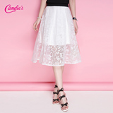 Candie's2016夏新款甜美纯色欧根纱中长款休闲半身百褶裙30062145