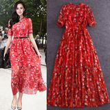 香港代购2016夏新款女装气质显瘦波西米亚长裙红色碎花度假连衣裙