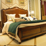 美式床全实木床1.8米油蜡皮 简约乡村纯胡桃木真皮床卧室家具深色