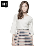 H:CONNECT韩版时尚百搭女装七分袖背后镂空纯色T恤衫2016夏季新款