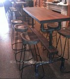 美式乡村loft吧台桌椅 铁艺水管酒吧桌 实木复古工业风高脚凳子
