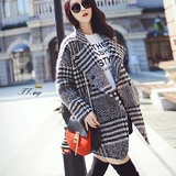 2016秋冬女装时尚英伦千鸟格修身显瘦羊毛呢子中长款外套大衣韩版