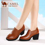 Camel骆驼女单鞋优雅打蜡牛皮圆头套脚粗高跟女鞋秋新款正品