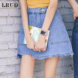 LRUD2016夏装新款韩版高腰口袋牛仔半身裙女修身不规则裙摆A字裙
