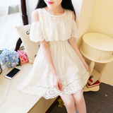 韩版学生甜美少女小清新日系蕾丝连衣裙夏季学院风无袖露肩短裙子
