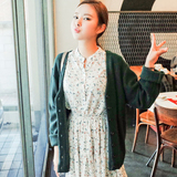 MC迷2016韩国代购正品女春装Cherrykoko纯色V领单排扣开襟针织衫
