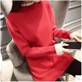 2015秋冬新款韩版女装甜美镂空蕾丝花边领大口袋中长款针织衫毛衣