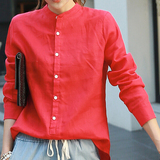 2016春夏装新款韩版女装 长袖宽松 立领棉麻衬衫 显瘦大红色衬衣