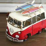 居饰工坊 家居模型汽车装饰摆件橱窗桌面铁皮复古海滩车巴士模型