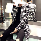 2015男士风衣秋季韩版中长款修身青年格子外套学生长袖开衫上衣潮