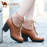 camel骆驼短靴 秋冬新款女鞋真皮 粗跟女靴 前系带高跟靴子