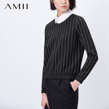 Amii女装2016秋装新款宽松长袖黑白条纹艾米套头大码卫衣女打底衫