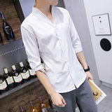 2016夏季新款男士V领中袖衬衫韩版修身纯色夜店酒吧ktv五分袖衬衣