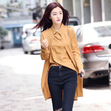 韩版2015秋季新款女装小香风薄款假两件中长款风衣外套衬衫开衫