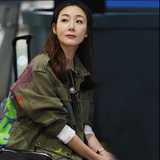 2015秋季新款韩版外套个性涂鸦字母铆钉大口袋立领长袖工装外套女